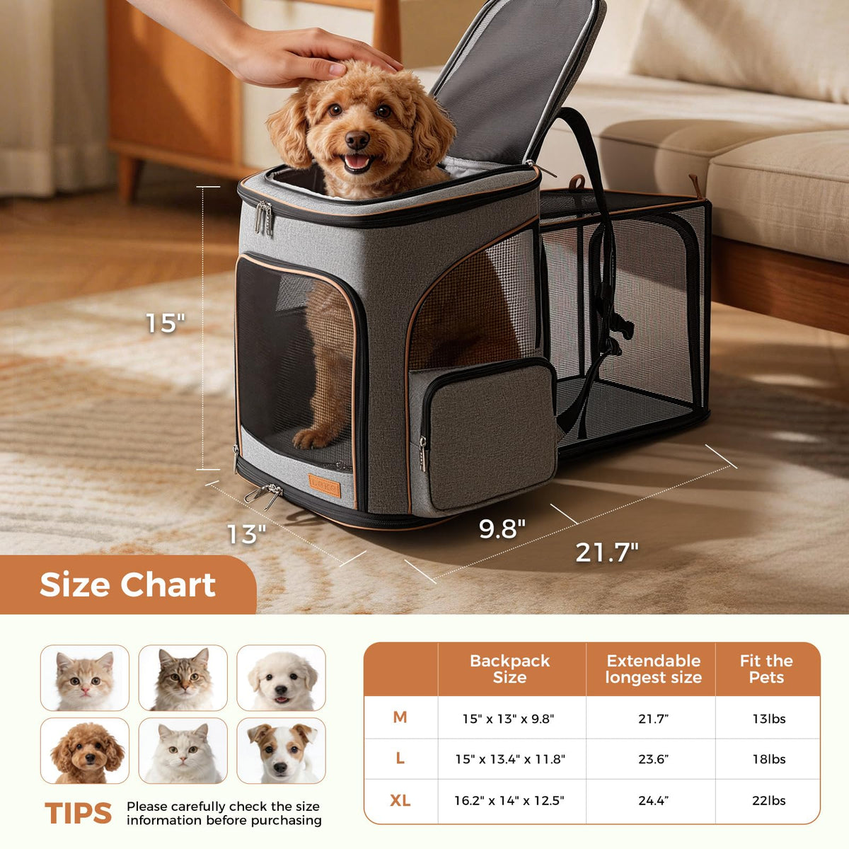 Expandable Foldable Pet Carrier Backpack with Inner Safety Leash, Grey K936
