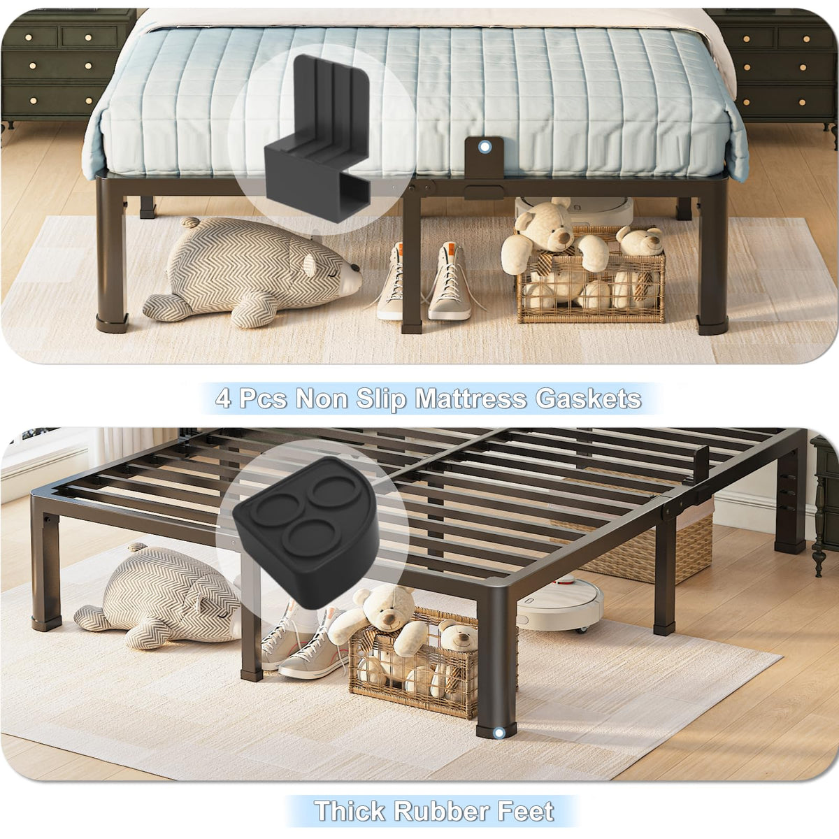 Queen Bed Frame with Headboard Hole and Steel Slats Support U20708