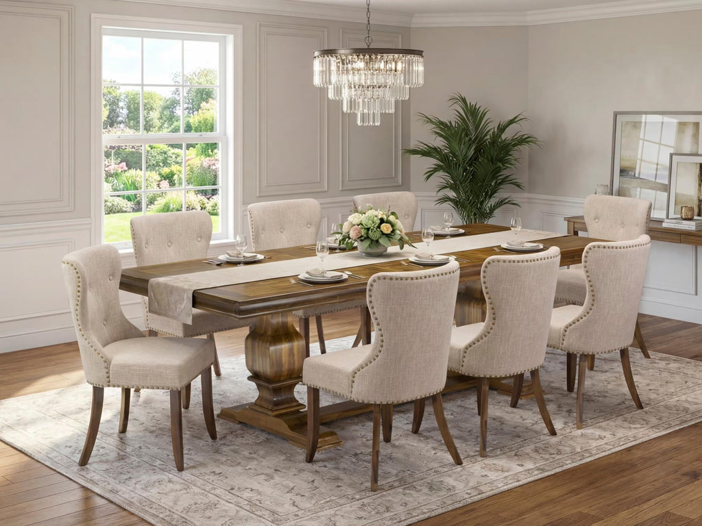 9 Pc Mid Century Dining Table Set with 8 Light Tan Linen Chairs K142