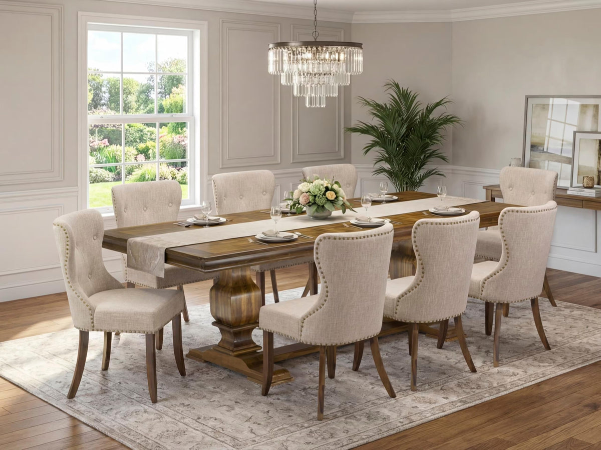 9 Pc Mid Century Dining Table Set with 8 Light Tan Linen Chairs K142