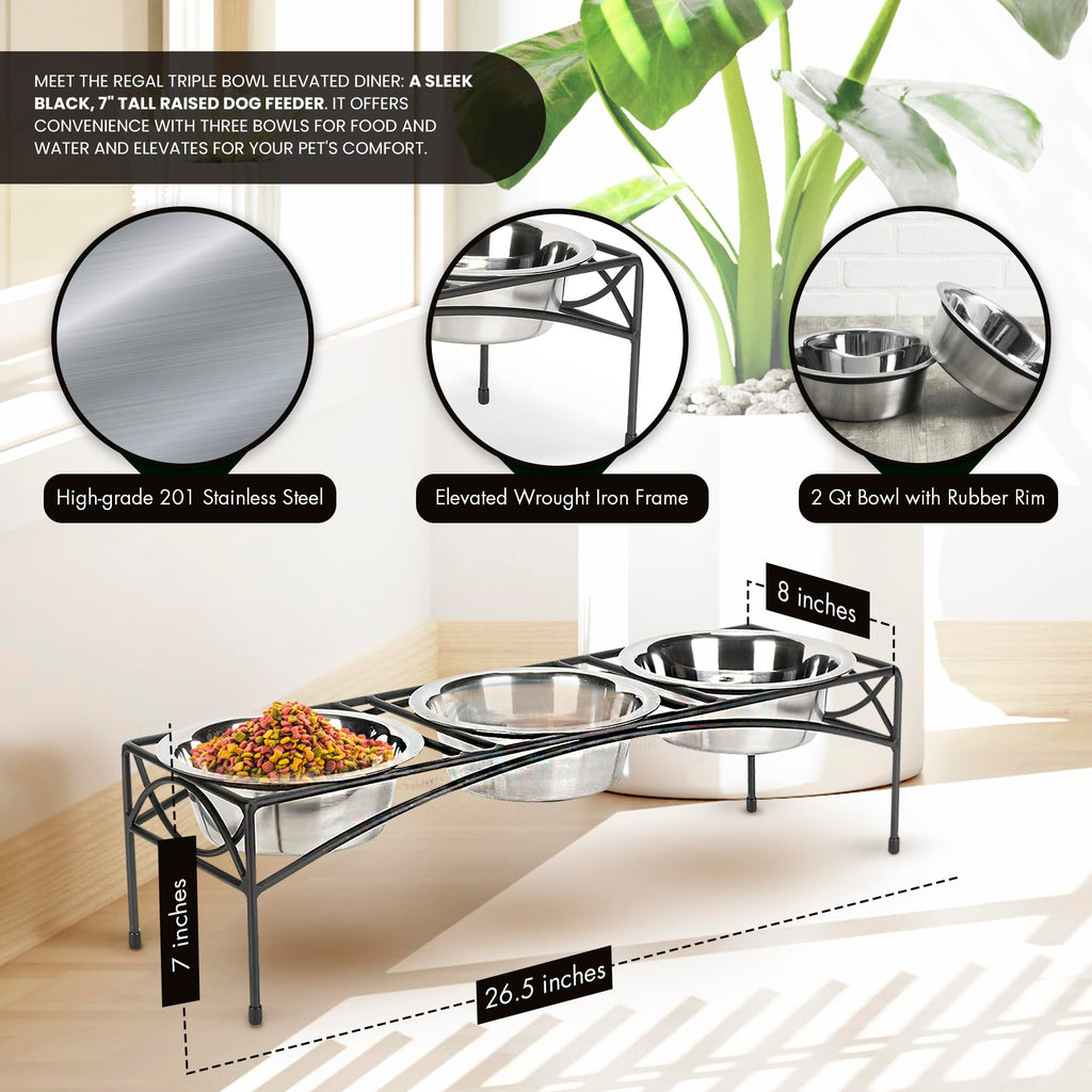 Black Triple Bowl Dog and Cat Feeder Stand with 3-2 Qt Stainless Bowls Z669