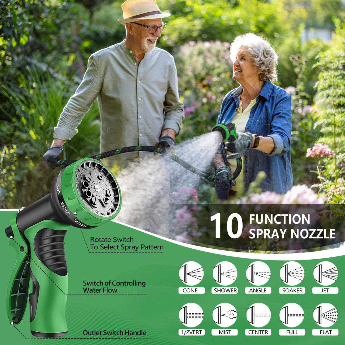 100 ft Lightweight Flexible Garden Hose with 10-Function Nozzle K124663