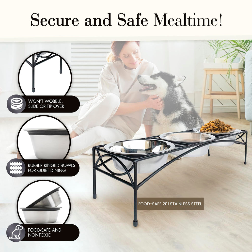 Black Triple Bowl Dog and Cat Feeder Stand with 3-2 Qt Stainless Bowls Z669