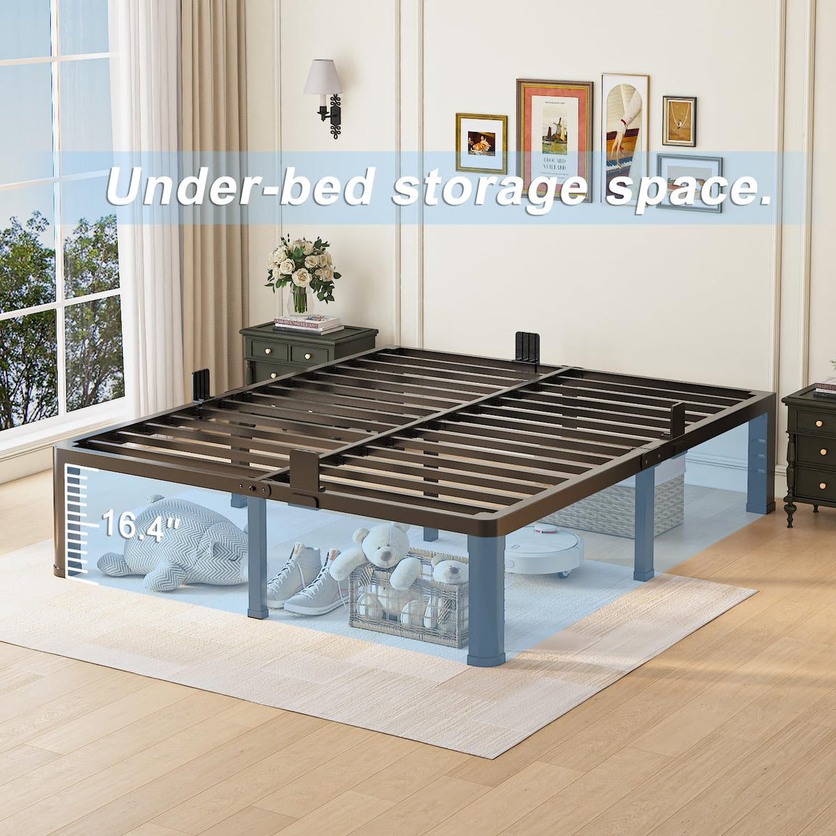 Queen Bed Frame with Headboard Hole and Steel Slats Support U20708