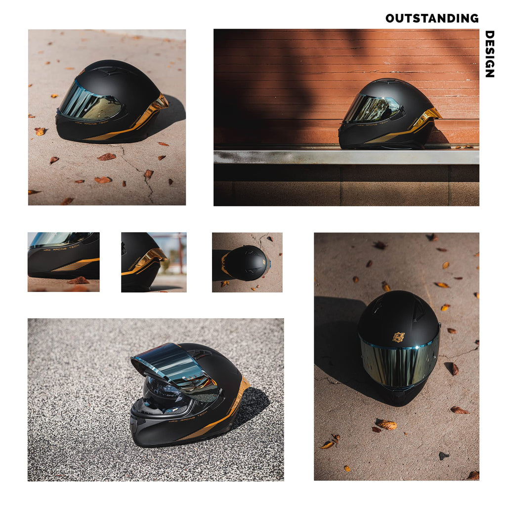 Full Face Dual Visor Adult Motorcycle Helmet Matte Black Gold C192