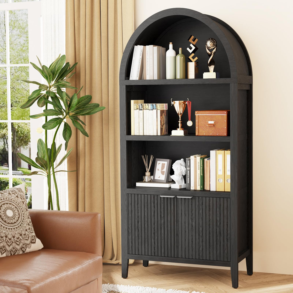 Black 5-Tier Arched Bookshelf with Fluted Doors Y73002