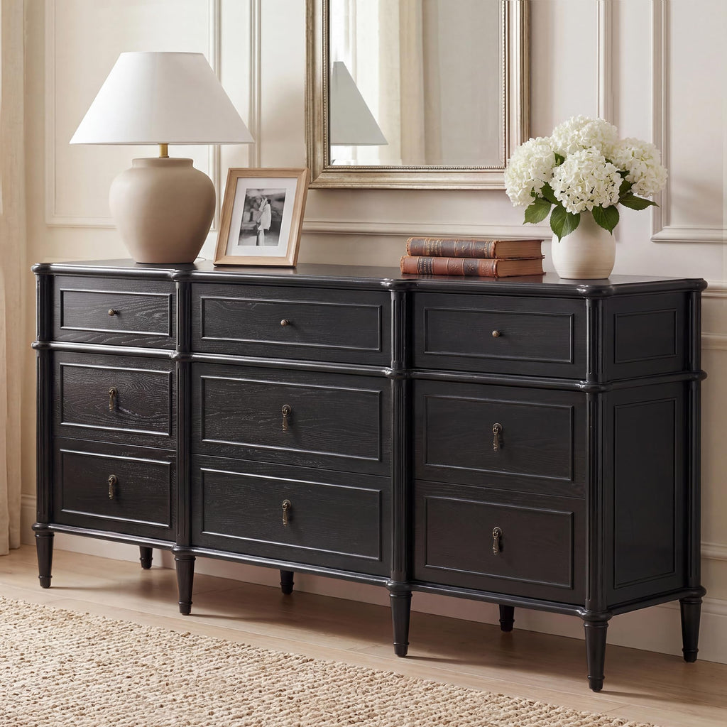 63" 9-Drawer Wood Dresser with Power Outlet, Black I359584