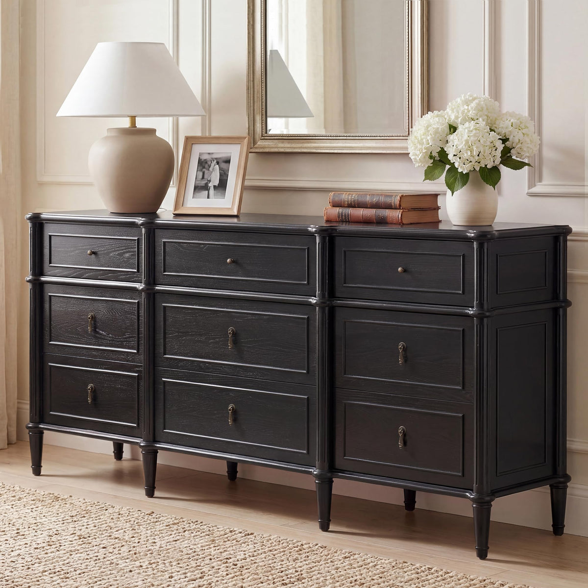 63" 9-Drawer Wood Dresser with Power Outlet, Black I359584