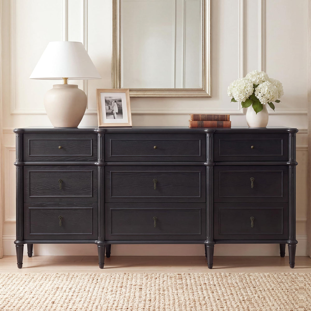 63" 9-Drawer Wood Dresser with Power Outlet, Black I359584