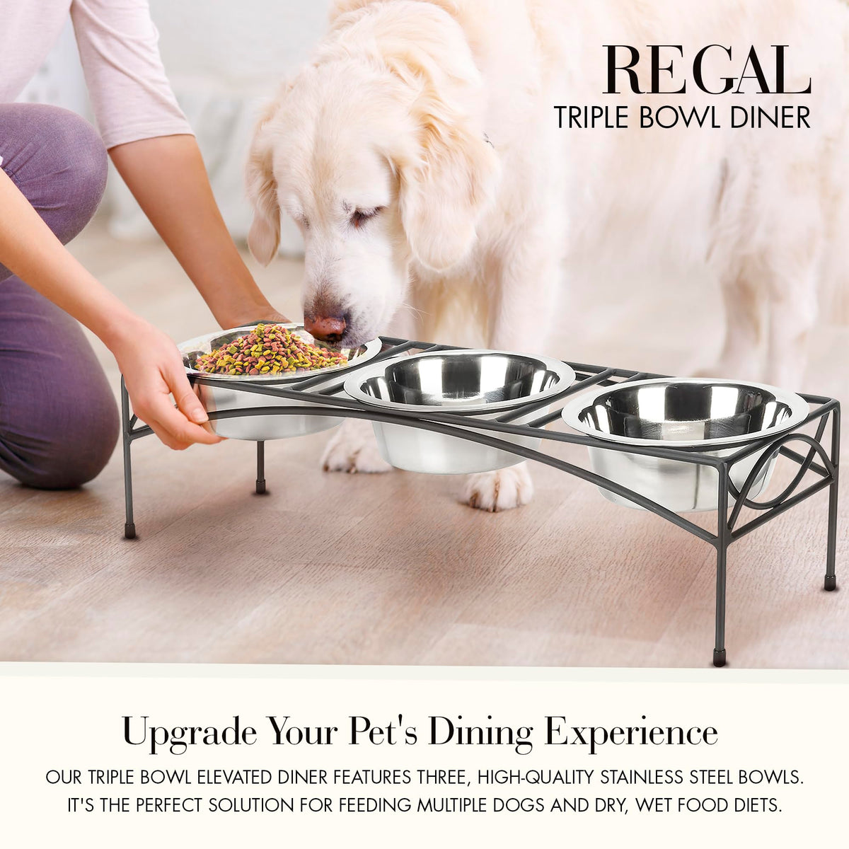 Black Triple Bowl Dog and Cat Feeder Stand with 3-2 Qt Stainless Bowls Z669
