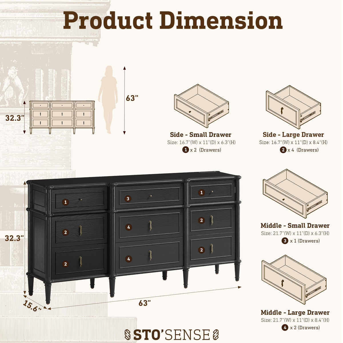 63" 9-Drawer Wood Dresser with Power Outlet, Black I359584