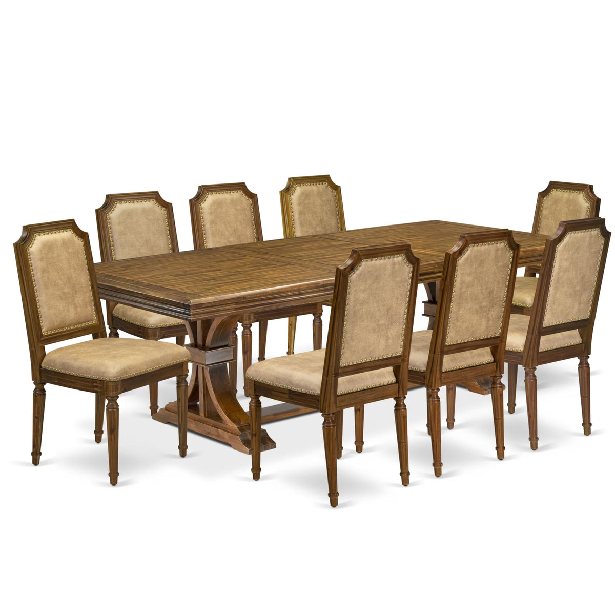 9 Piece Kitchen Table Set with 8 Beige Polyester Fabric Chairs W73400