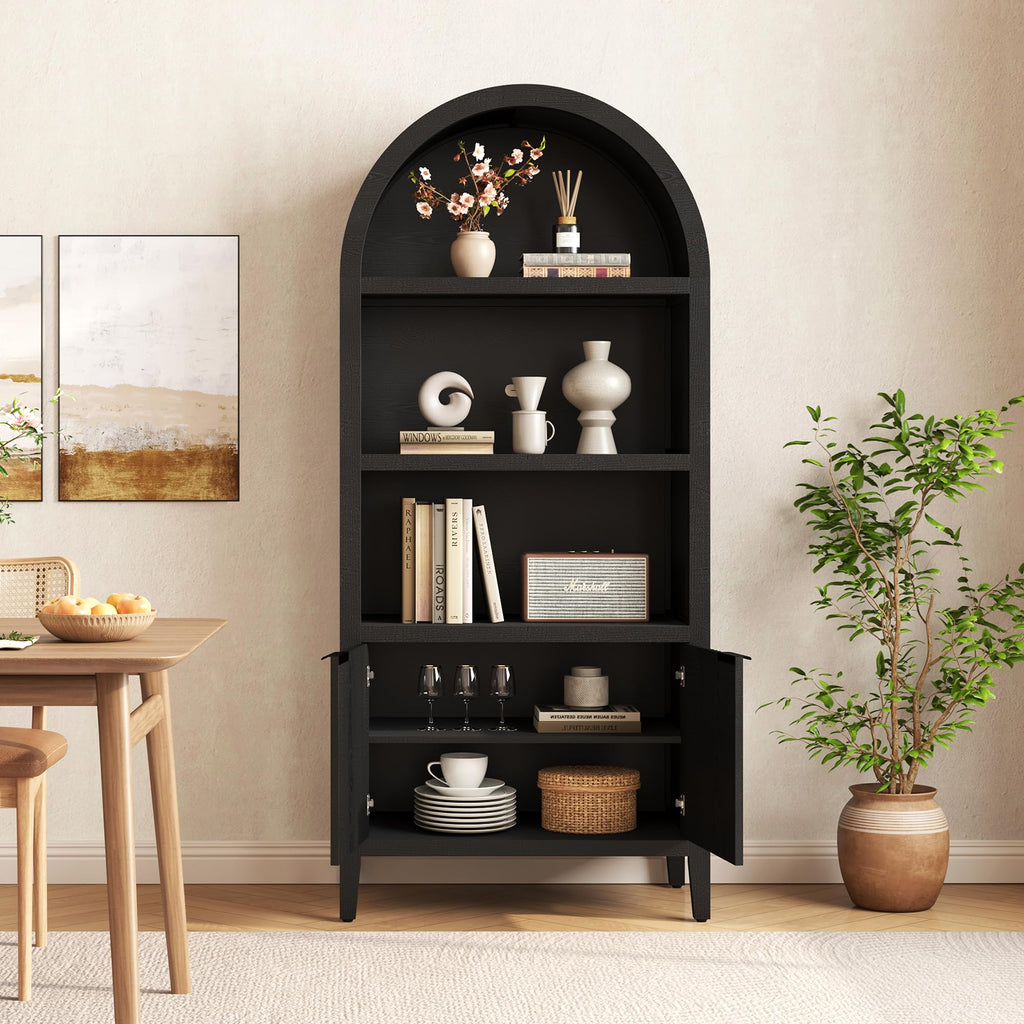 Black 5-Tier Arched Bookshelf with Fluted Doors Y73002