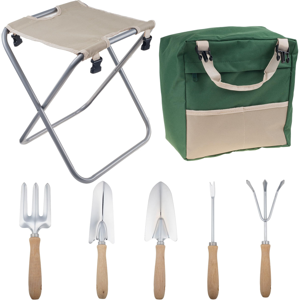 Folding Garden Stool with Tool Bag and 5 Garden Tools Y10634