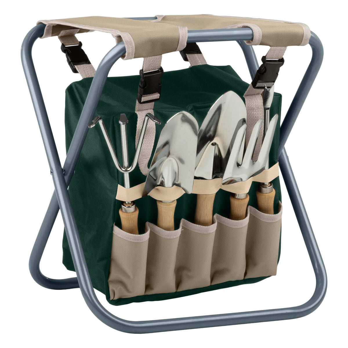 Folding Garden Stool with Tool Bag and 5 Garden Tools Y10634