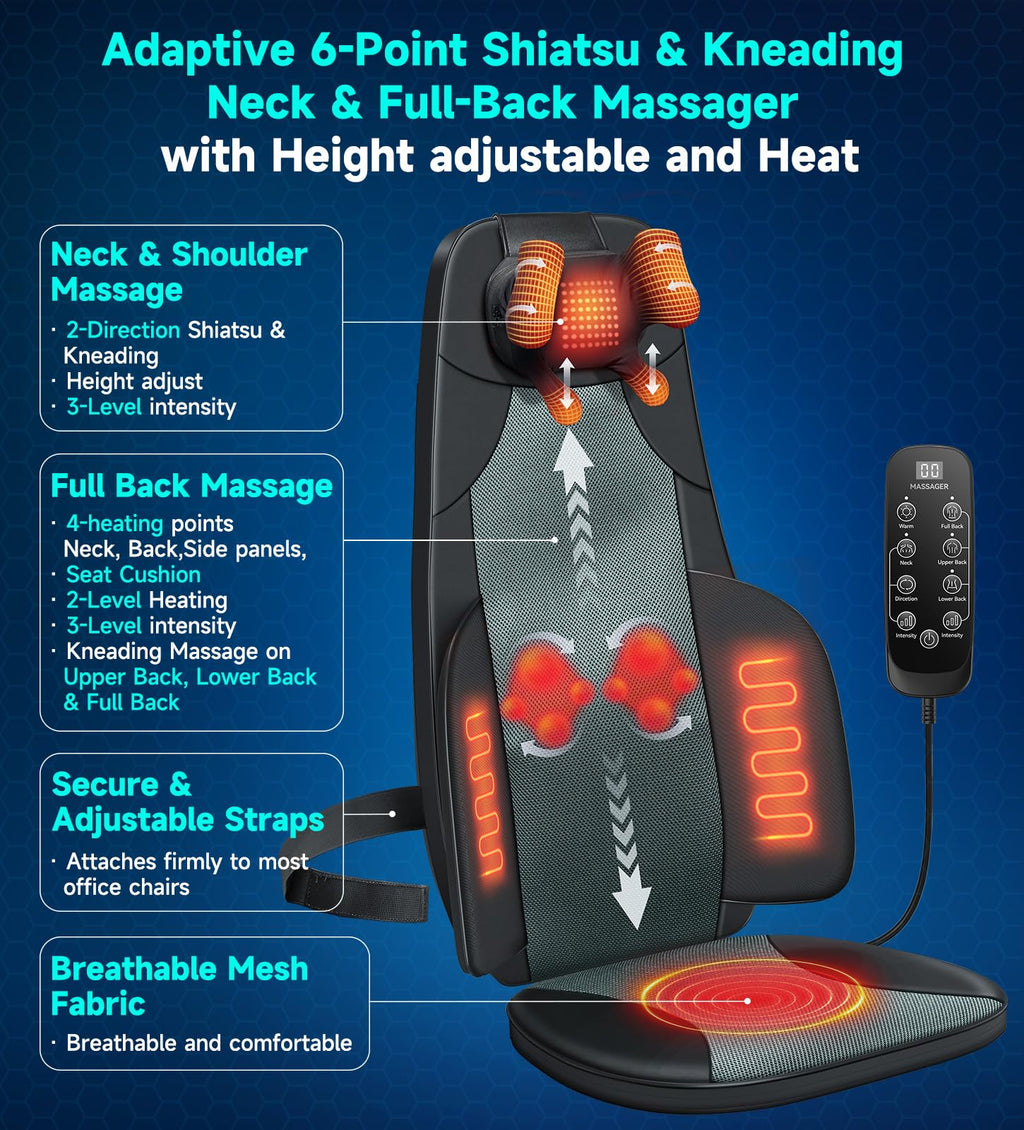 Black Shiatsu Back Massager Chair Pad with 4-Zone Heat K275380