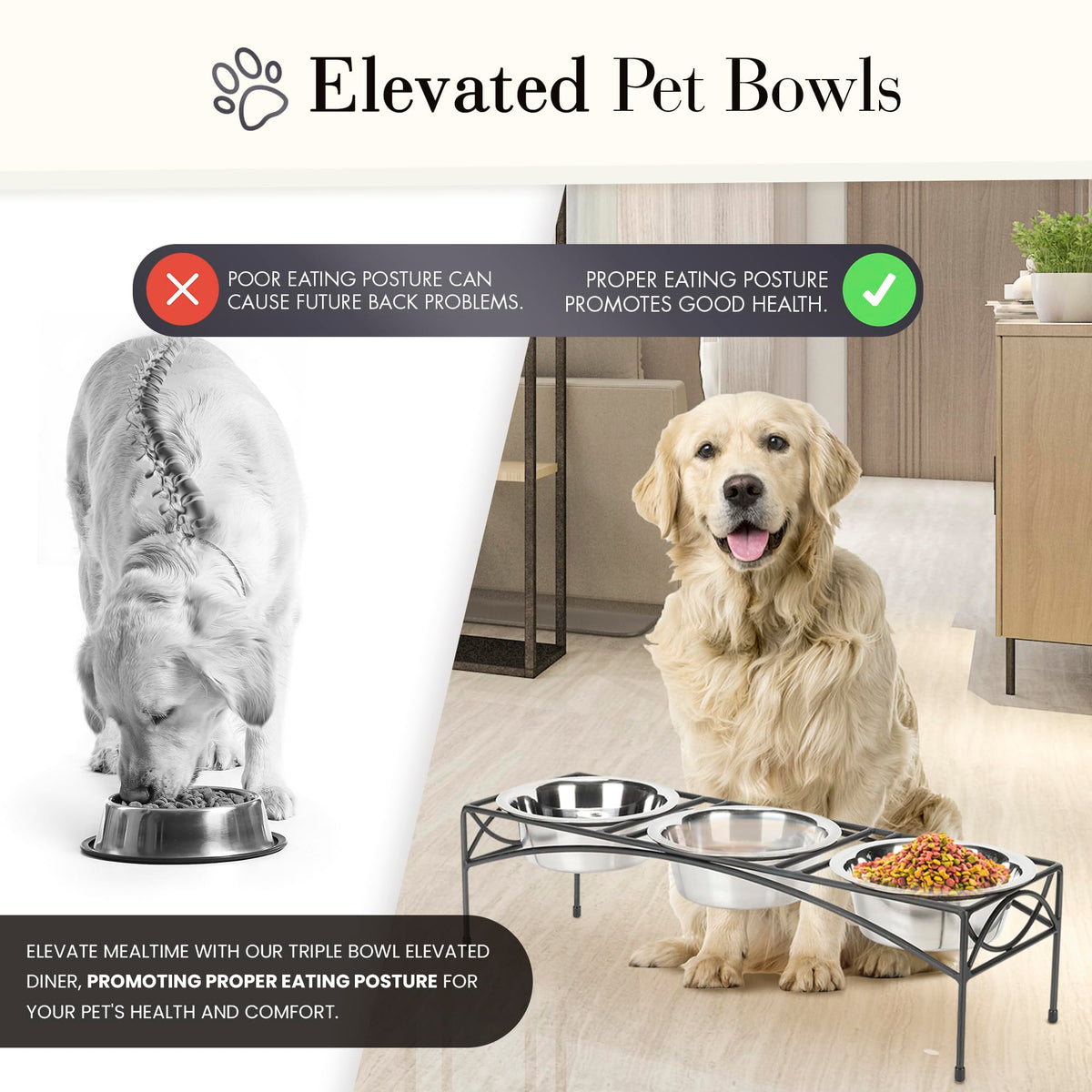 Black Triple Bowl Dog and Cat Feeder Stand with 3-2 Qt Stainless Bowls Z669