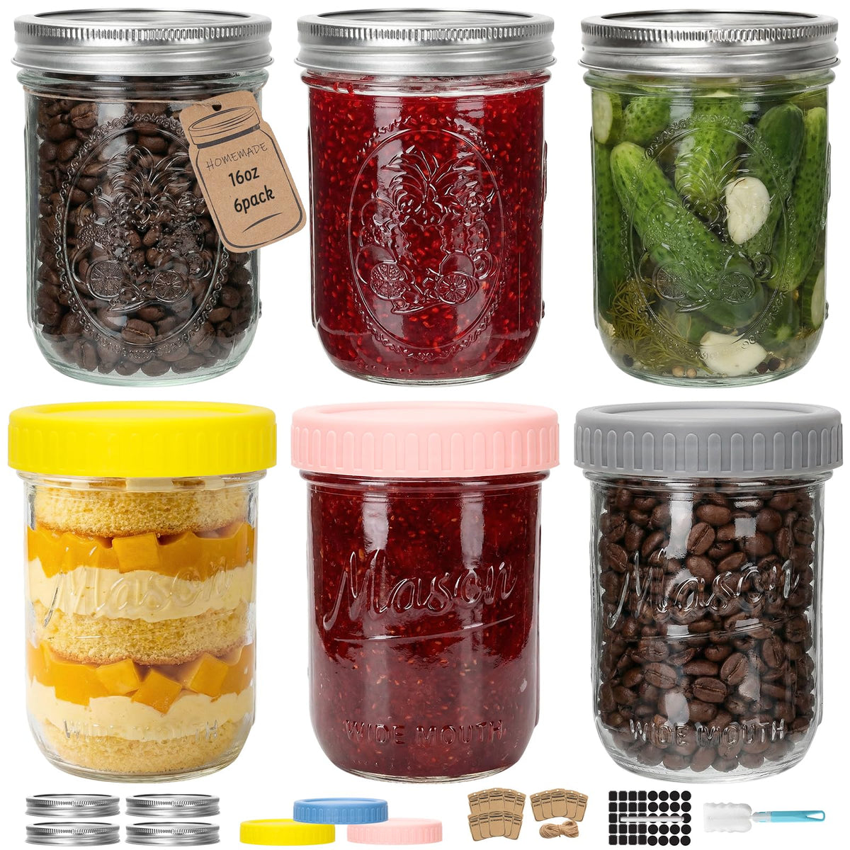 16oz 6-Pack Wide Mouth Glass Mason Jars with Airtight Lids V6914
