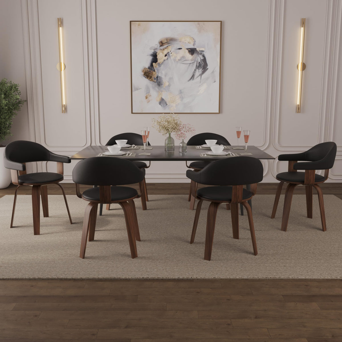 Black Leather Upholstered Swivel Dining Chair with Armrests O9136