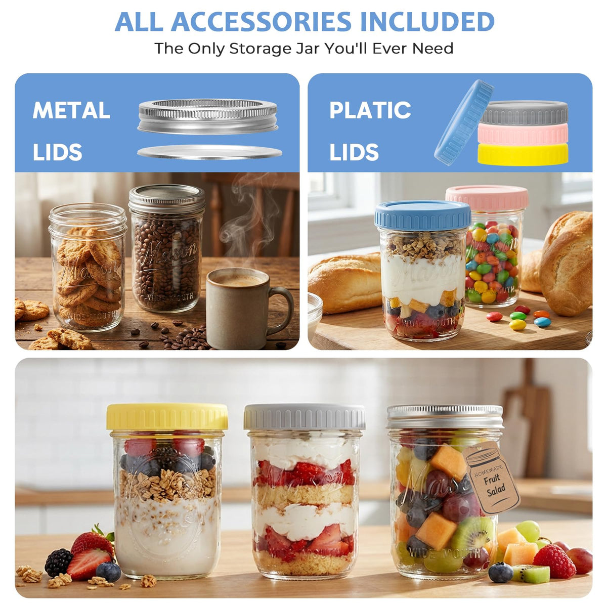 16oz 6-Pack Wide Mouth Glass Mason Jars with Airtight Lids V6914