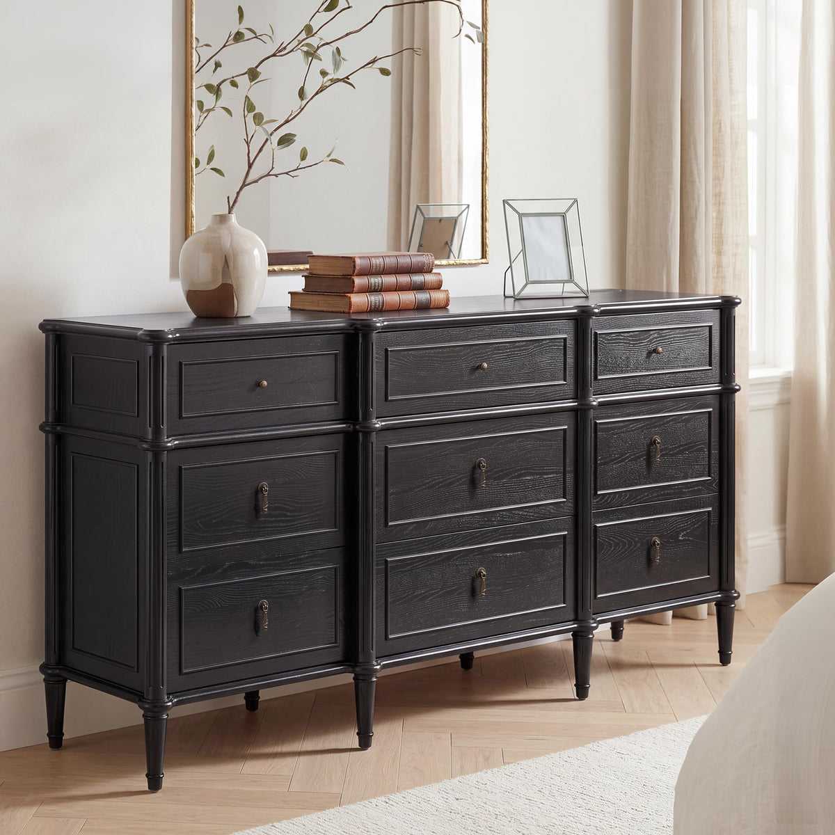 63" 9-Drawer Wood Dresser with Power Outlet, Black I359584