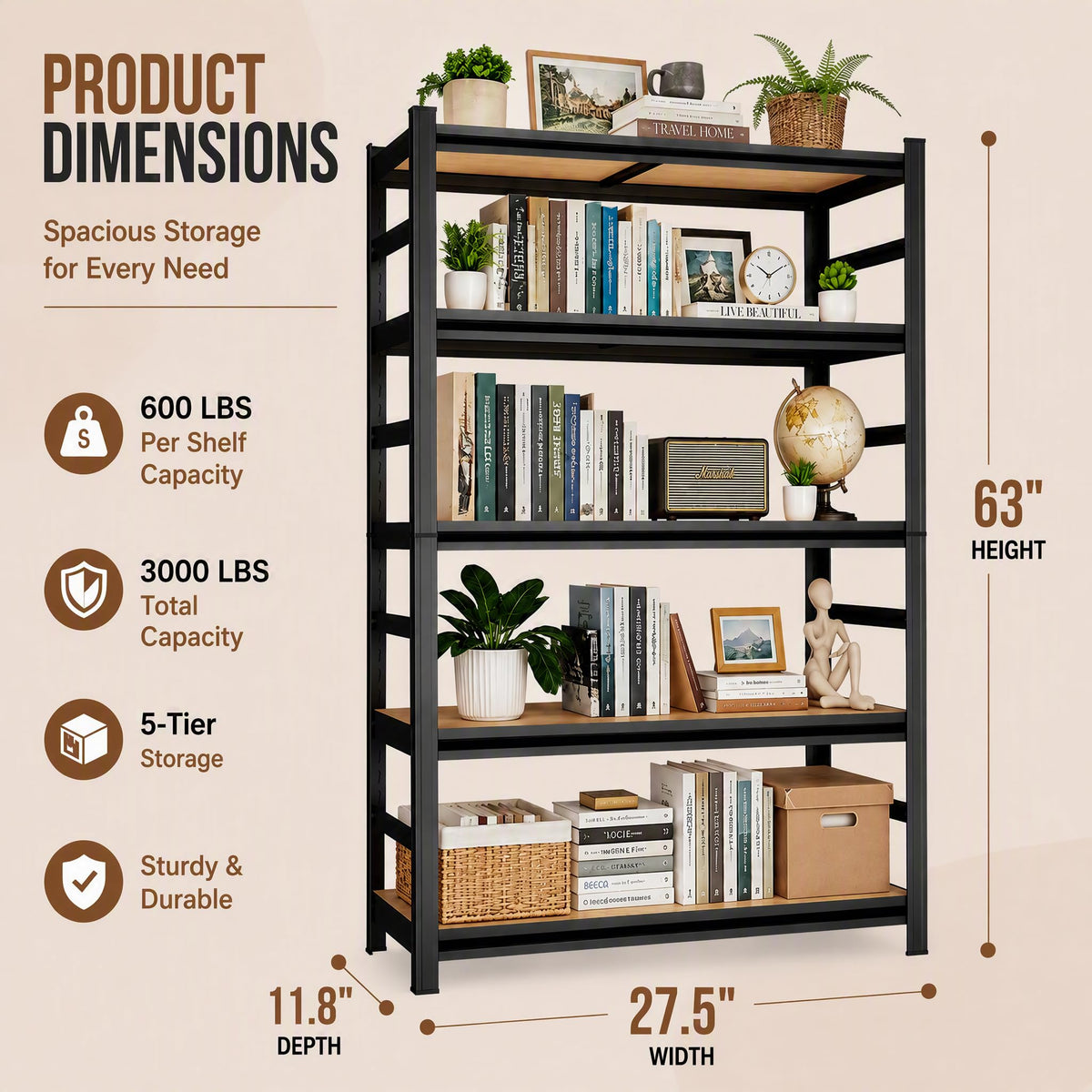 Heavy Duty Wood 5 Tier Bookshelf H736679