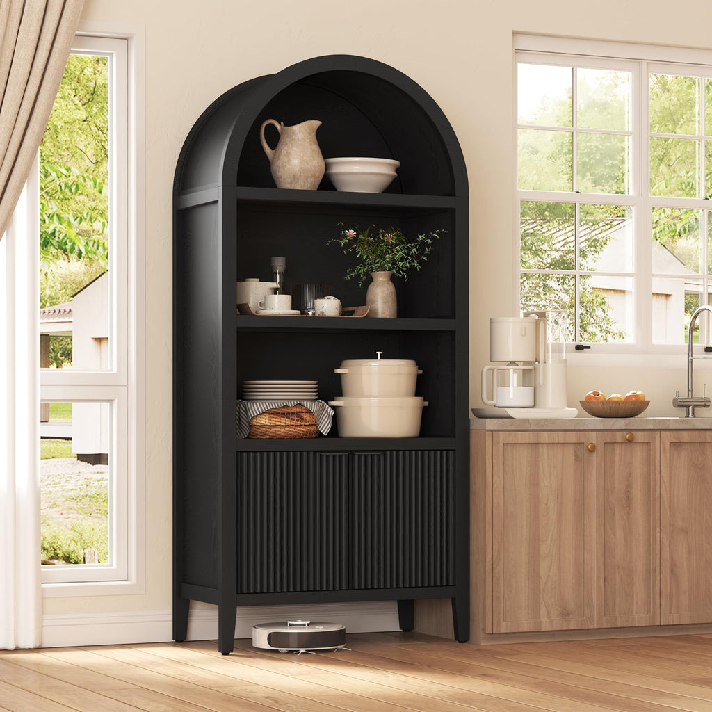 Black 5-Tier Arched Bookshelf with Fluted Doors Y73002