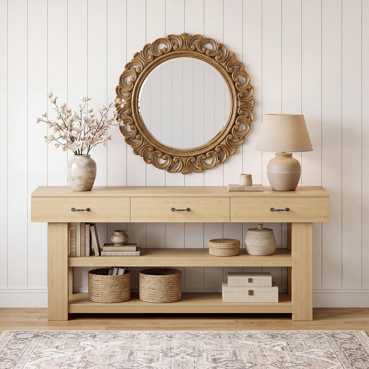 Oak Console Table with Drawers I690