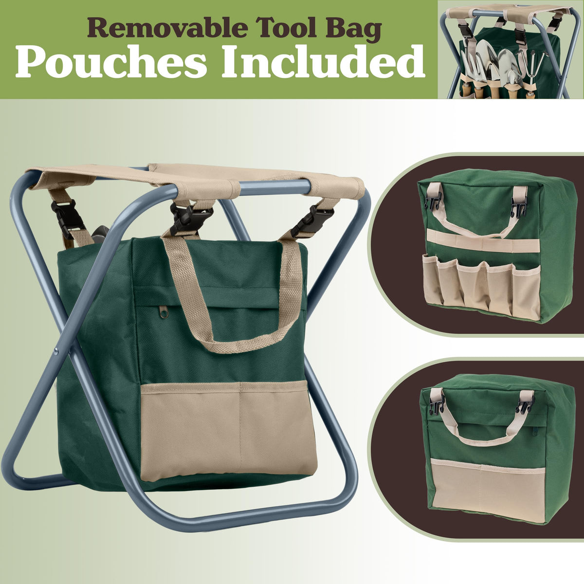 Folding Garden Stool with Tool Bag and 5 Garden Tools Y10634