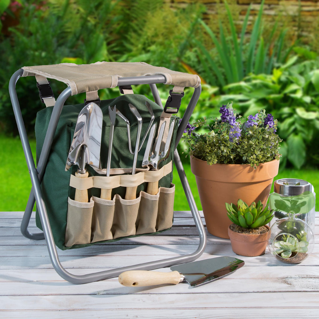 Folding Garden Stool with Tool Bag and 5 Garden Tools Y10634