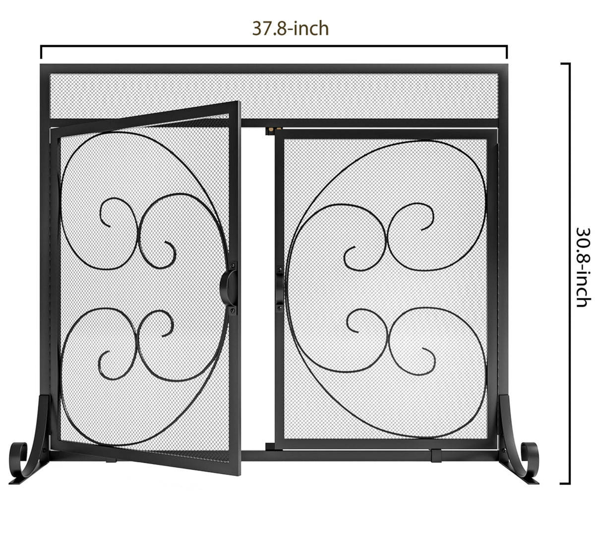 Flat Fireplace Screen with Hinged Doors Wrought Iron Mesh Black Q623