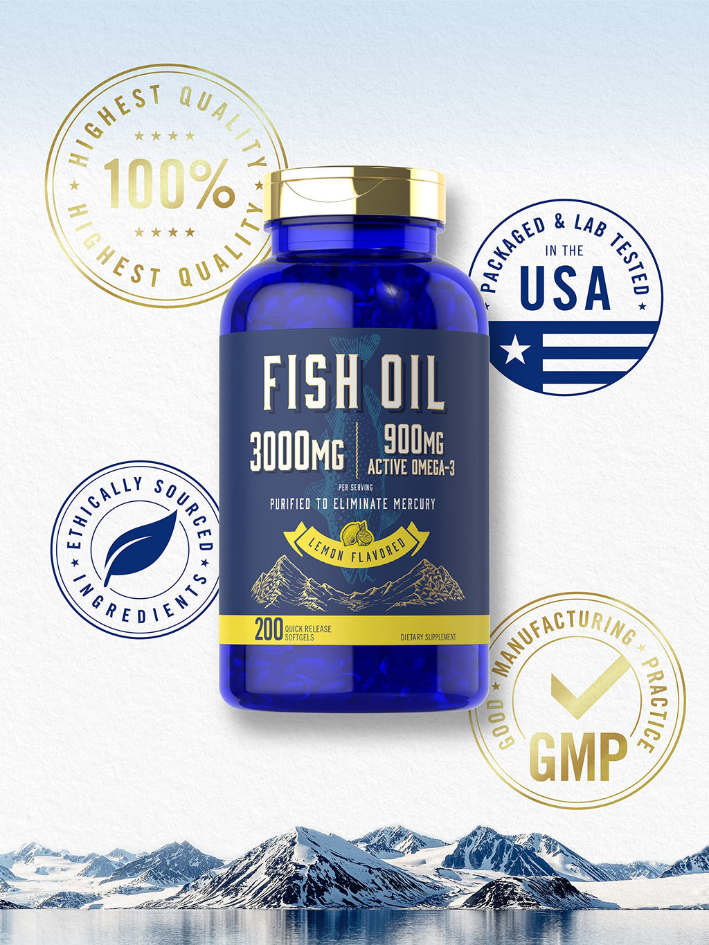 Fish Oil 3000mg 900mg Omega 3 200 Softgels Lemon Flavor T864582