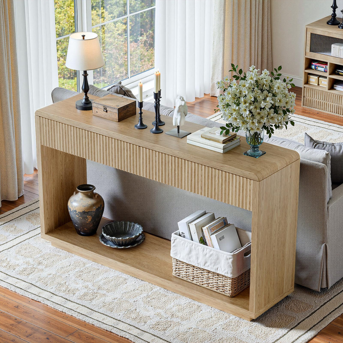 59'' Oak Console Table with Drawers E931