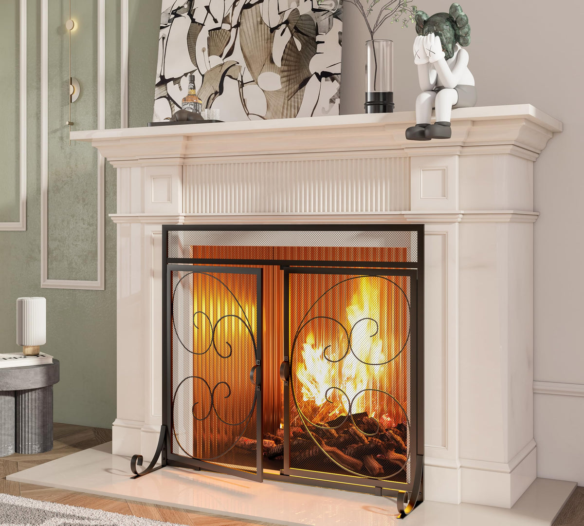 Flat Fireplace Screen with Hinged Doors Wrought Iron Mesh Black Q623