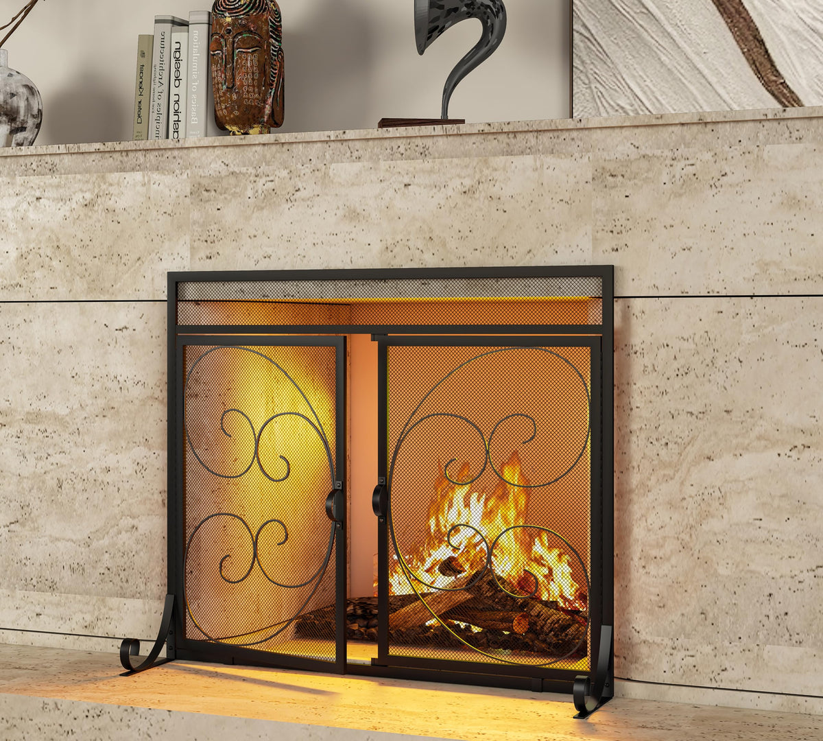Flat Fireplace Screen with Hinged Doors Wrought Iron Mesh Black Q623