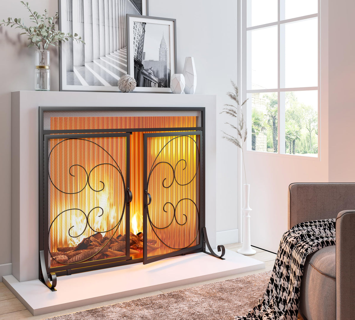 Flat Fireplace Screen with Hinged Doors Wrought Iron Mesh Black Q623