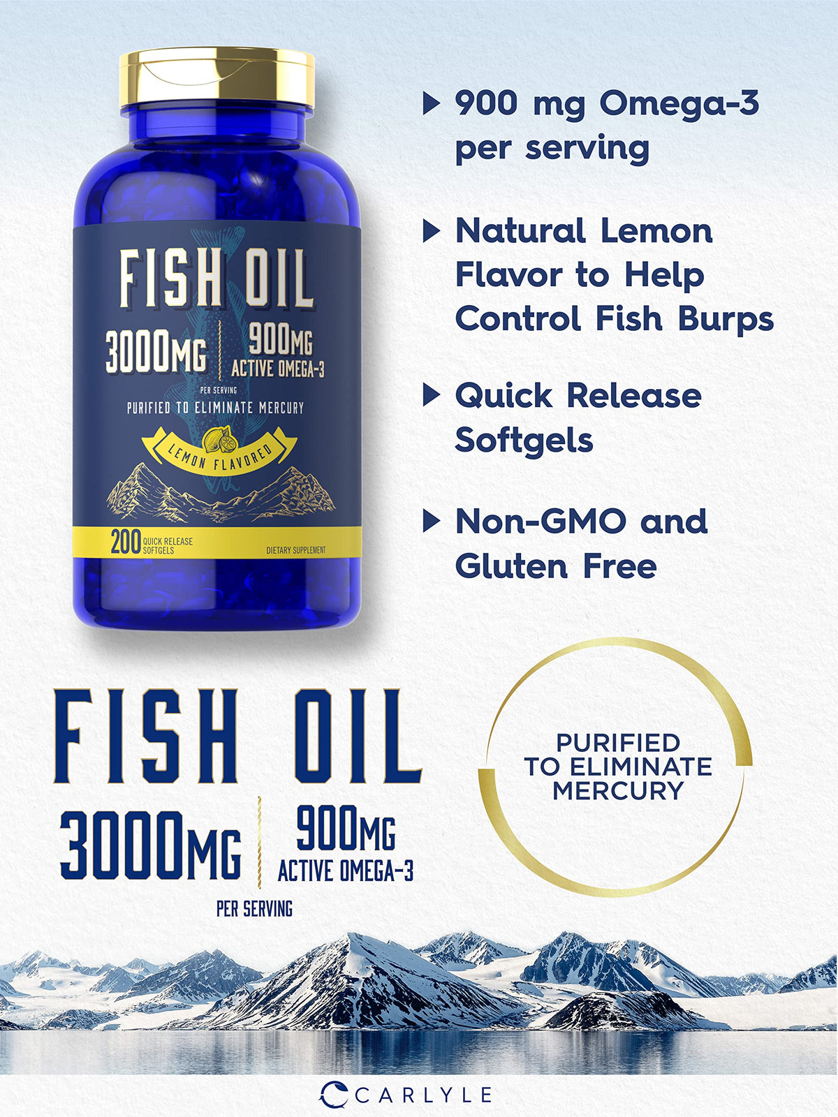 Fish Oil 3000mg 900mg Omega 3 200 Softgels Lemon Flavor T864582