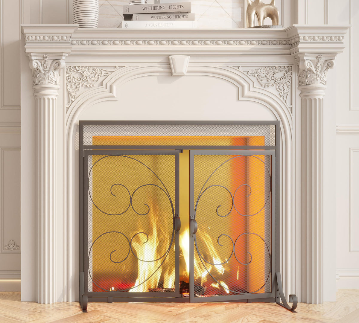Flat Fireplace Screen with Hinged Doors Wrought Iron Mesh Black Q623