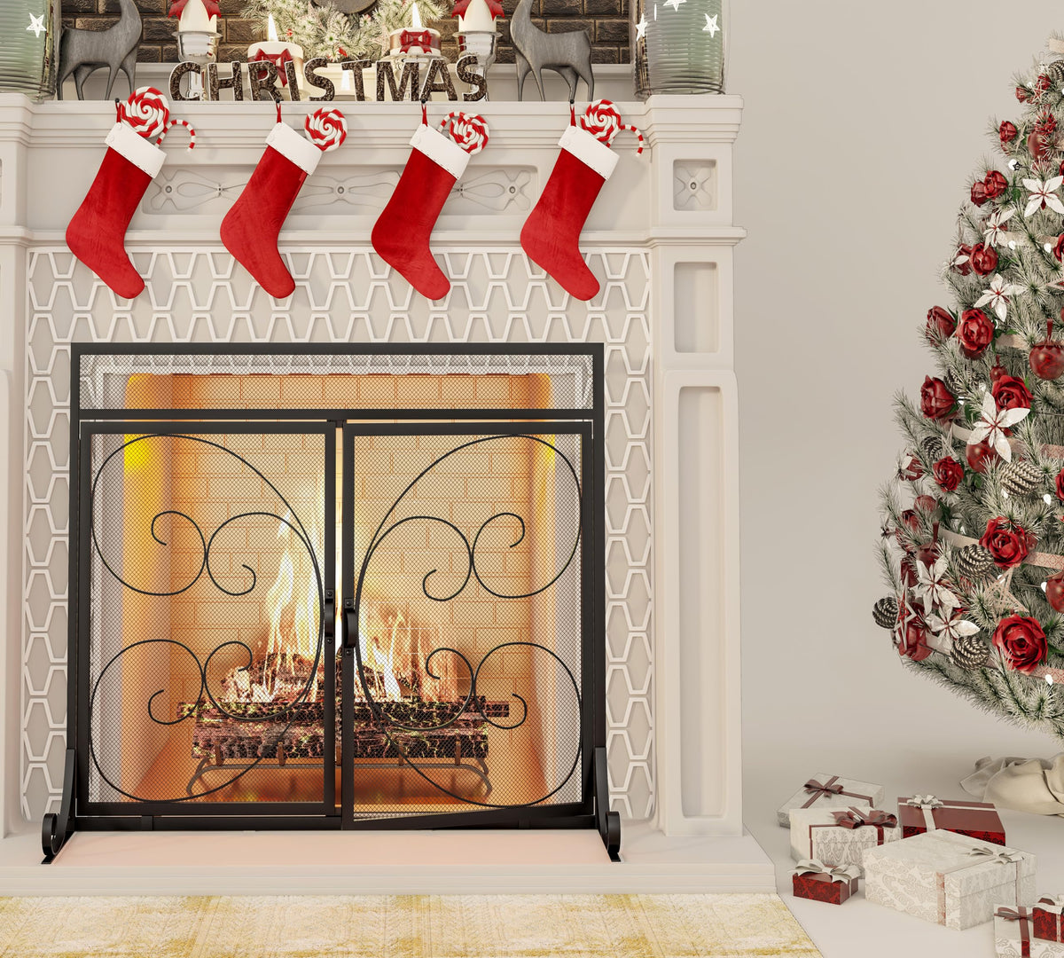 Flat Fireplace Screen with Hinged Doors Wrought Iron Mesh Black Q623