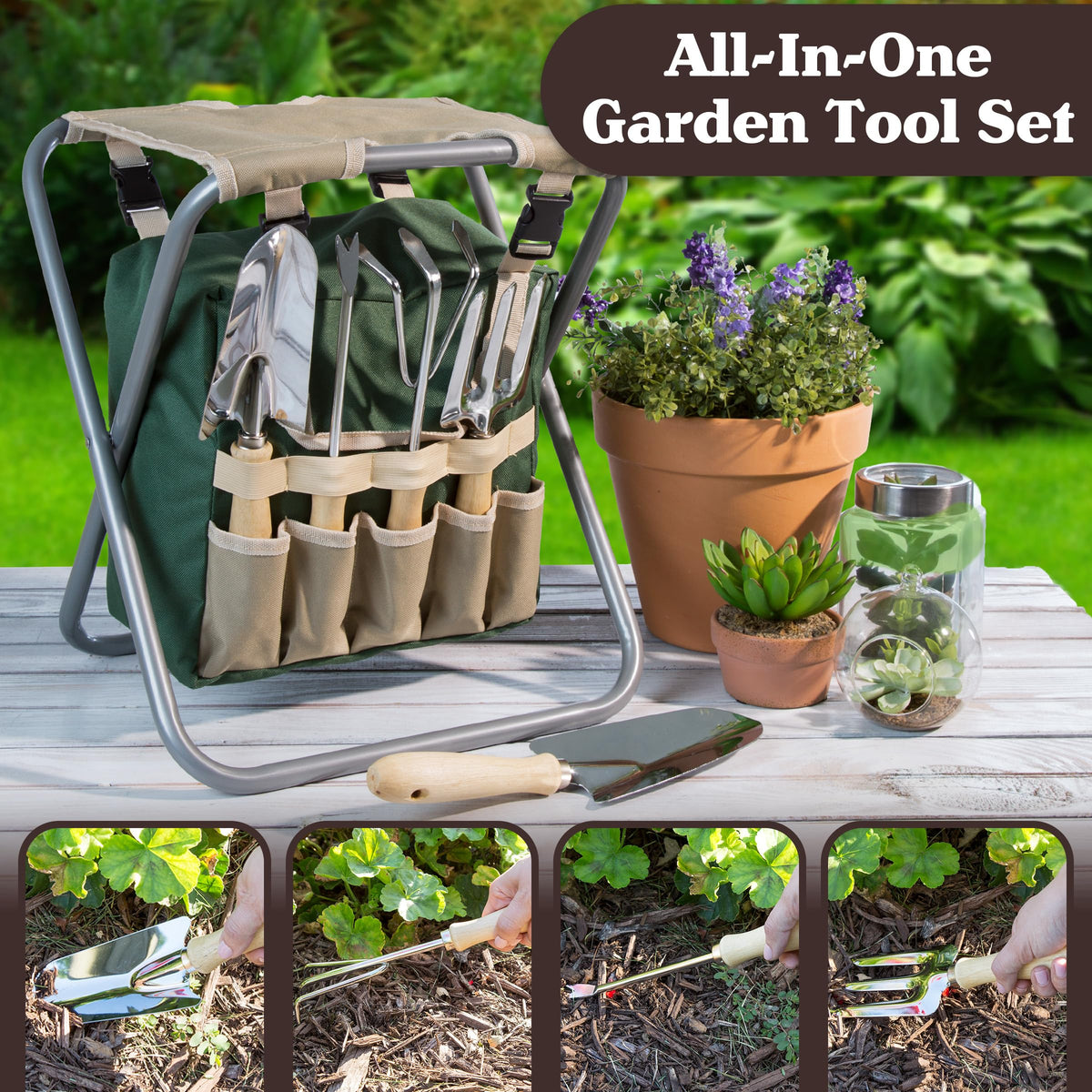 Folding Garden Stool with Tool Bag and 5 Garden Tools Y10634
