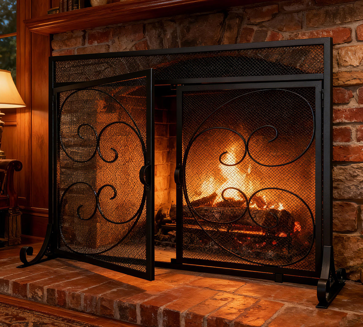 Flat Fireplace Screen with Hinged Doors Wrought Iron Mesh Black Q623