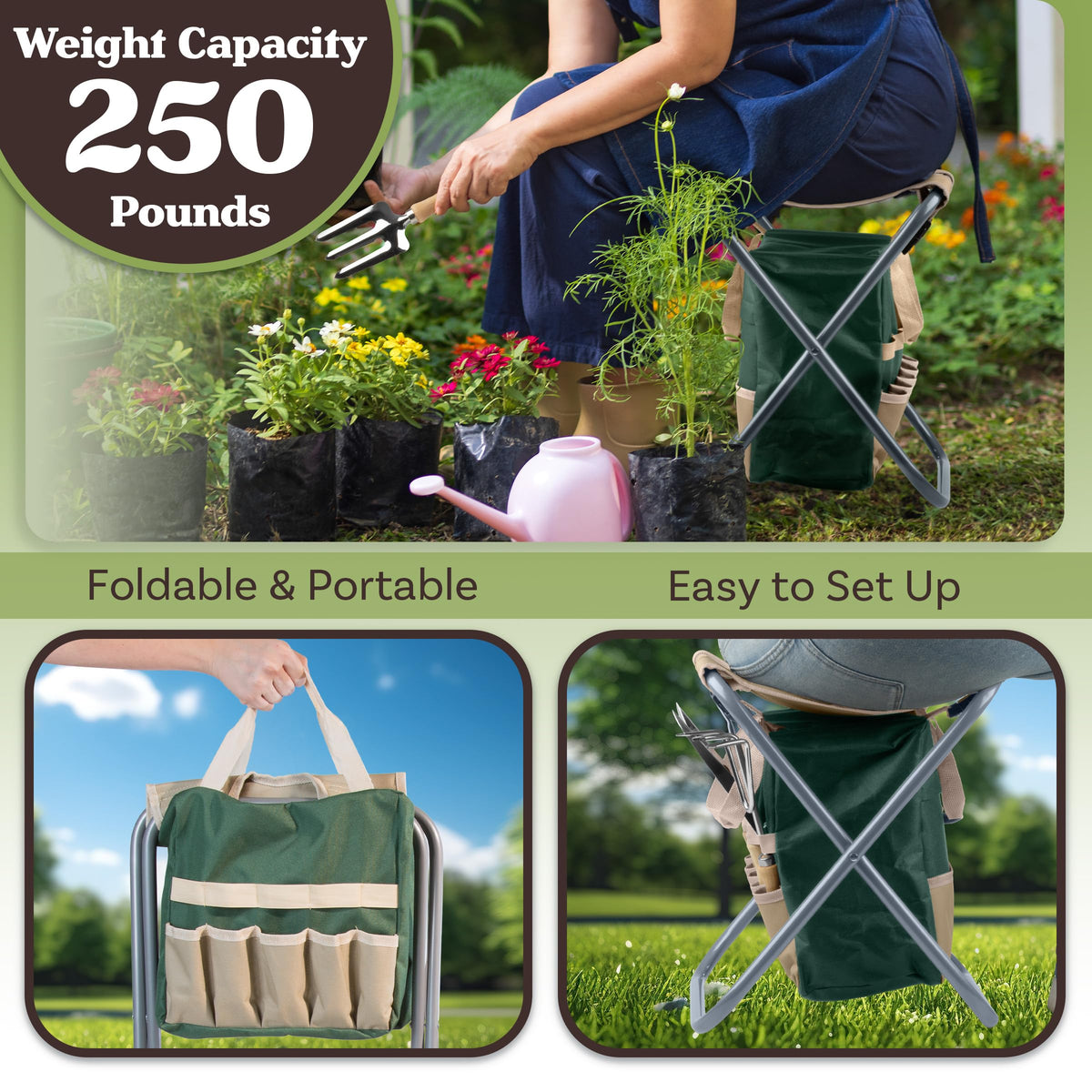 Folding Garden Stool with Tool Bag and 5 Garden Tools Y10634
