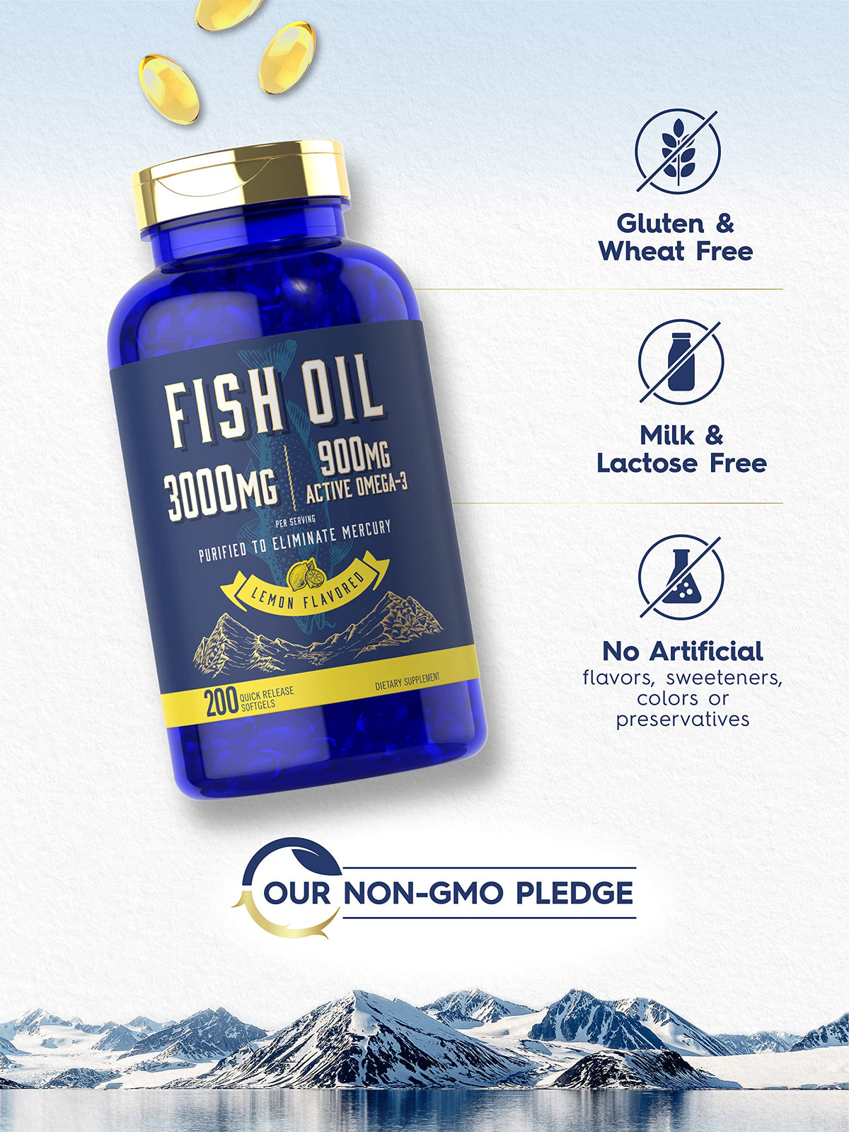 Fish Oil 3000mg 900mg Omega 3 200 Softgels Lemon Flavor T864582